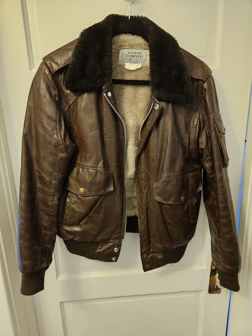 Brown Leather Bomber Jacket with Shearling Collar